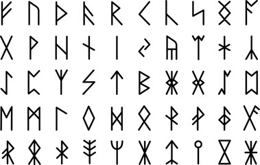 Mystery viking runes, nordic medieval mystical stone symbol. Ancient magic symbols, futhark germanic celtic rune alphabet, decent vector graphic - obrazy, fototapety, plakaty