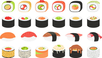Sushi food. Seafood japanese style, rolls and asian meals. Isolated traditional raw ingredients, salmon and rice. Restaurant decent vector elements