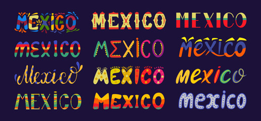 Mexican typography lettering, latino carnival ethnic lettering. Fiesta festival motifs, holiday bright decoration. Neoteric mexico vector set