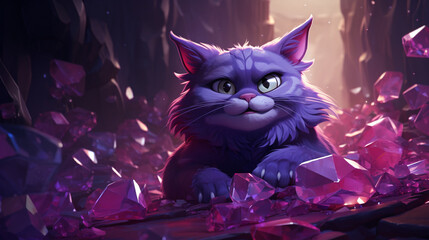 A purple cat with a crystal around him in the style of detailed environments, character caricatures