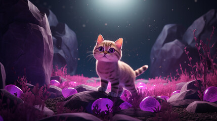 A purple cat with a crystal around him in the style of detailed environments, character caricatures