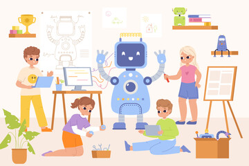 Kids robotic engineering, repair robot children team. Child programming and project robots on lesson. School digital education snugly vector concept