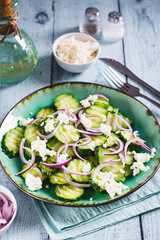 Diet salad of cucumbers, red onions and ricotta on a plate on the table vertical view