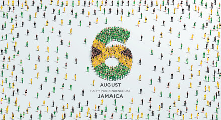 Happy Independence Day Jamaica. A large group of people form to create the number 6 as Jamaica celebrates its Independence Day on the 6th of August. Vector illustration. - obrazy, fototapety, plakaty