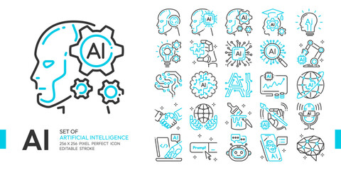 AI Artificial intelligence blue line icon set with cybernetic, machine learning, robotic, AI solving, algorithm and AI technology concept more, 256x256 pixel perfect icon vector, editable stroke - obrazy, fototapety, plakaty