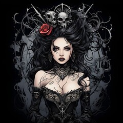 cartoon beautiful woman portrait with hairstyle in black