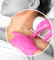 Woman with beautiful clean skin. Cosmetologist does injections on the neck against wrinkles and...