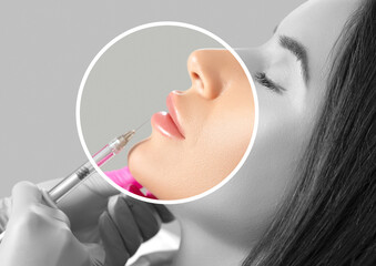 Cosmetologist does injections for lips augmentation and anti wrinkle of a beautiful woman. Her face...