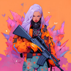 anime colorful powerful girl holding a gun purple leaves abstract background cyberpunk style wallpaper