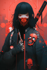 Japanese girl with red mask and a sword samurai street wear style  black and red background wallpaper