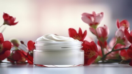 white face cream on white table with some flowers