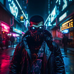 Fototapeta na wymiar cyberpunk style street neon lit huge humanoid facing cam person walking in the street person wearing a mask