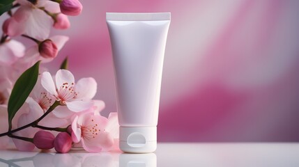 Obraz na płótnie Canvas a blank white tube of skincare products next to a pink flower
