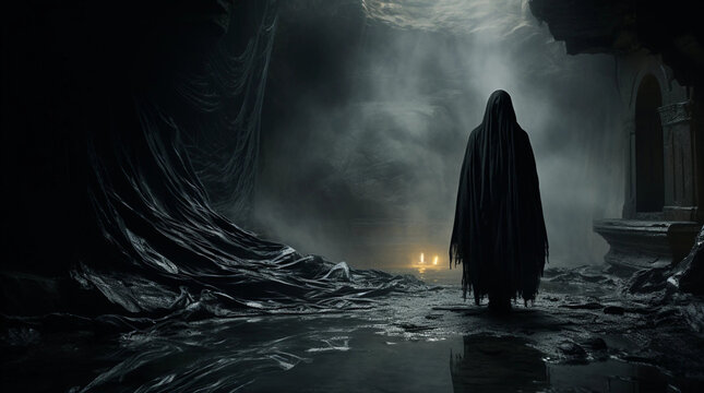A Mysterious Figure Wearing a Black Robe in a Dimly Lit Cavern Generative AI