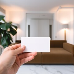 Obraz premium a hand holding a business card in front of a living room