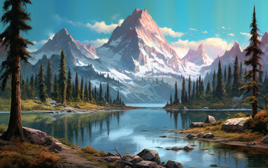 A painting of a mountain lake with a mountain in the background