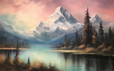 A painting of a mountain lake with a mountain in the background