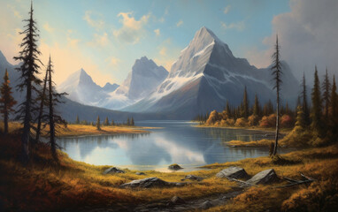 Fototapeta premium A painting of a mountain lake with a mountain in the background