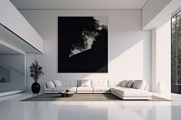 Minimalist Serenity: Explore the Modern Interior Design of a Living Room with White Sofas and a Striking Oversized Wall Print