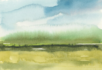 Ink watercolor landscape smoke flow stain blot on wet paper texture background. Pastel blue, green colors.