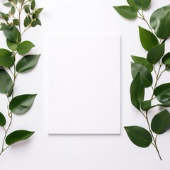 a white paper surrounded by green leaves on a white background