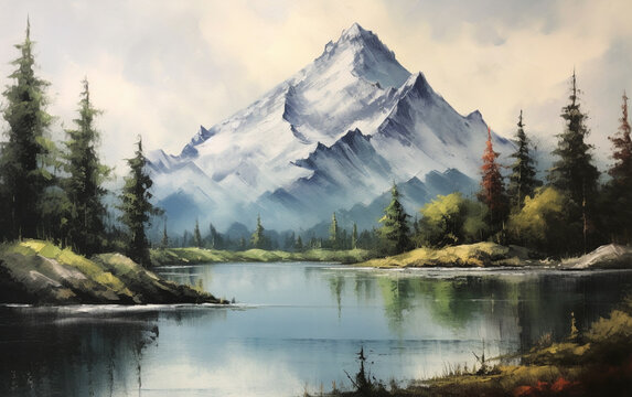 A painting of a mountain lake with a mountain in the background