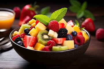 a beautifully presented bowl of fresh fruit salad, generative ai