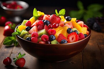 a beautifully presented bowl of fresh fruit salad, generative ai