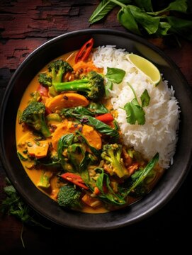 a bowl of vibrant vegetable curry with a side of rice, generative ai