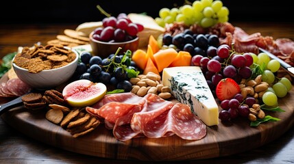 a shot of a colorful charcuterie board filled with fresh fruits and cheeses, generative ai