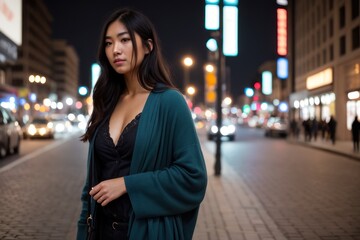 Fototapeta premium Portrait of a pretty blonde girl at night against the background of the night evening city. He is standing in front of the camera in a casual dress, against a background of lights. Generative AI