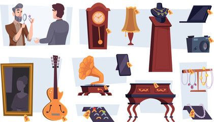 Pawn shop. Antique jewelry tools for selling expensive and rare items exact vector cartoon template
