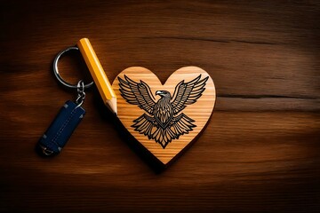 key chain made up of wood in heart shape containing an eagle image on it, by Generative AI