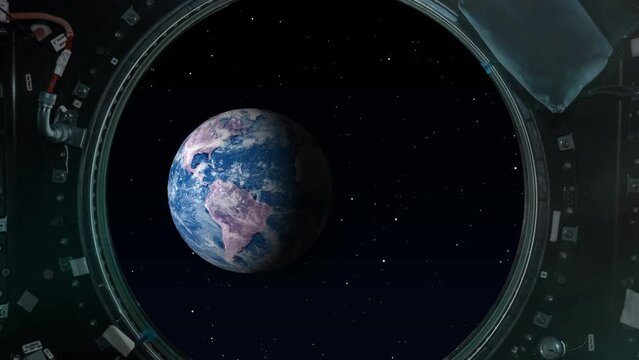 Spaceship window view with Earth Planet Getting Closer To The Camera In Dark Outer Space 