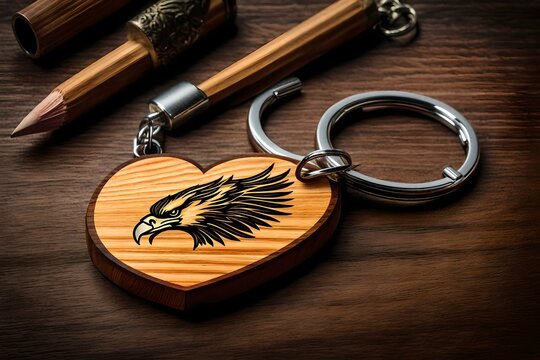 key chain made up of wood in heart shape containing an eagle image on it, by Generative AI