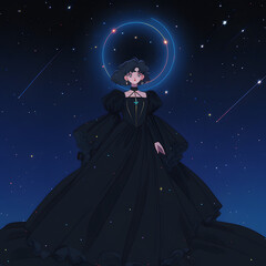 Fototapeta na wymiar Goddess of magic black robe dress magic circle retro 80s anime illustration woman in a black dress wallpaper