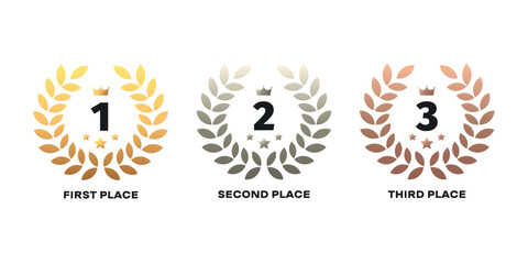 Laurel wreath of victory icon, set of gold, silver and bronze medals V2. Vector.