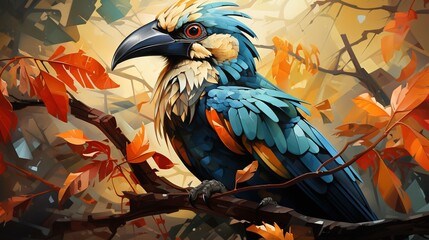  a colorful bird sitting on a branch of a tree with leaves.  generative ai