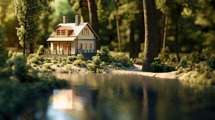 Fototapeta premium miniature house in forest with trees and river miniature