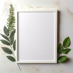 a white frame with a green plant