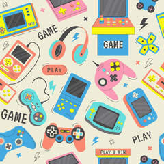 Game consoles pattern. Gadgets for playing video games recent vector seamless background