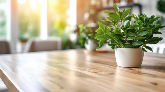 Kitchen background with green plant on table with morning sunlight in window. Created with Generative AI