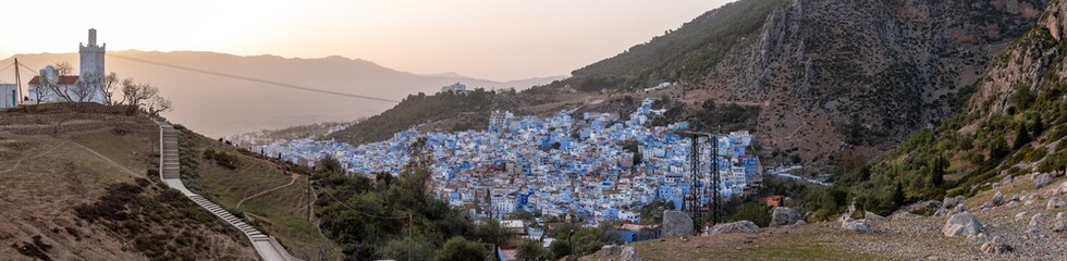 Panoramic view of famous blue colored city Chefchaouen in Morocco, seen from the Spanish mosque