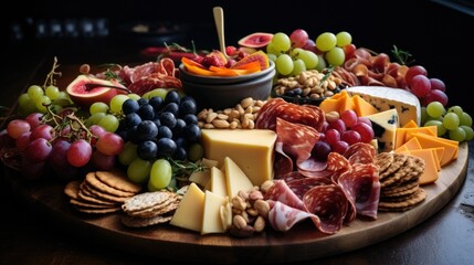 Fototapeta na wymiar a shot of a colorful charcuterie board filled with meats and cheeses, generative ai