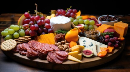 a shot of a colorful charcuterie board filled with meats and cheeses, generative ai