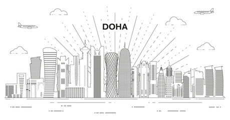 Doha skyline line art vector illustration