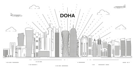 Fototapeta premium Doha skyline line art vector illustration