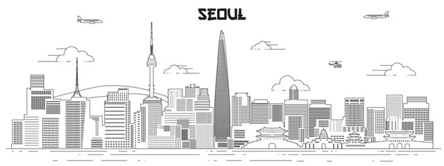 Seoul skyline line art vector illustration - 621635327