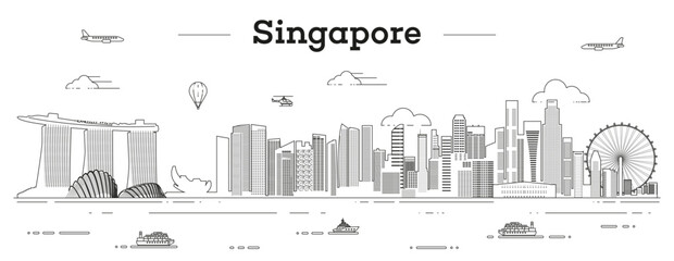 Singapore skyline line art vector illustration - 621635332