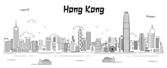 Hong Kong skyline line art vector illustration - obrazy, fototapety, plakaty